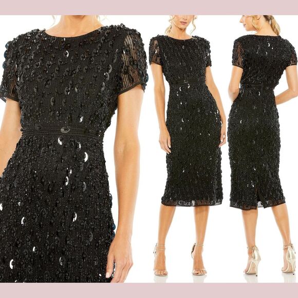 NEW $798 Mac Duggal‎ [ 6 ] 93893 High Neck Short Sleeve Embellished Dress Black - Picture 1 of 14